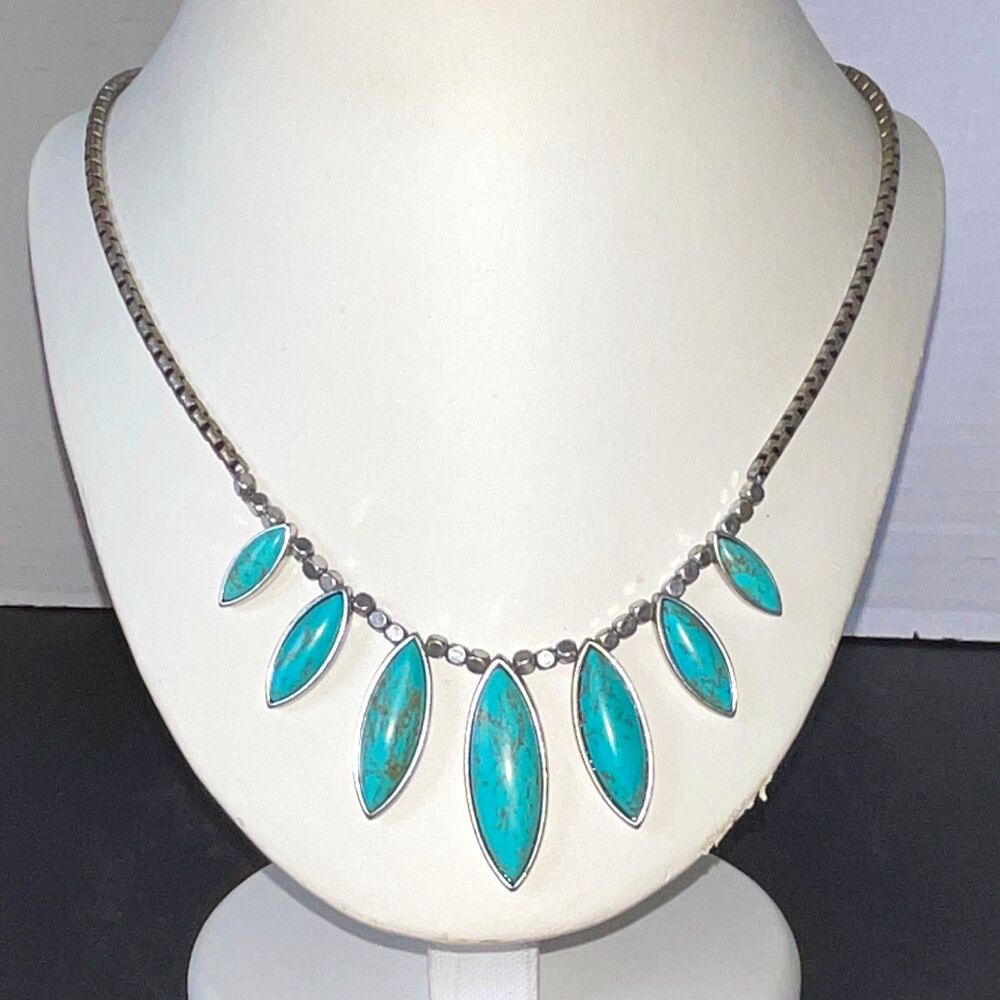 Vintage Lucky Brand Turquoise Set Marquise Stone Necklace Silver Tone  Box Chain